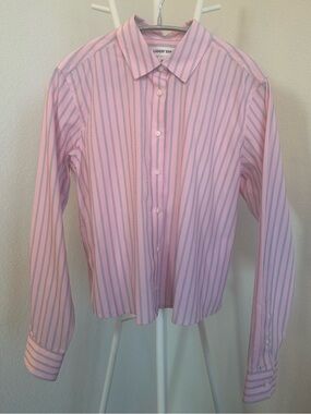 Lands' End No Iron, Cropped, Pink and Gray Vertical Stripe Shirt
